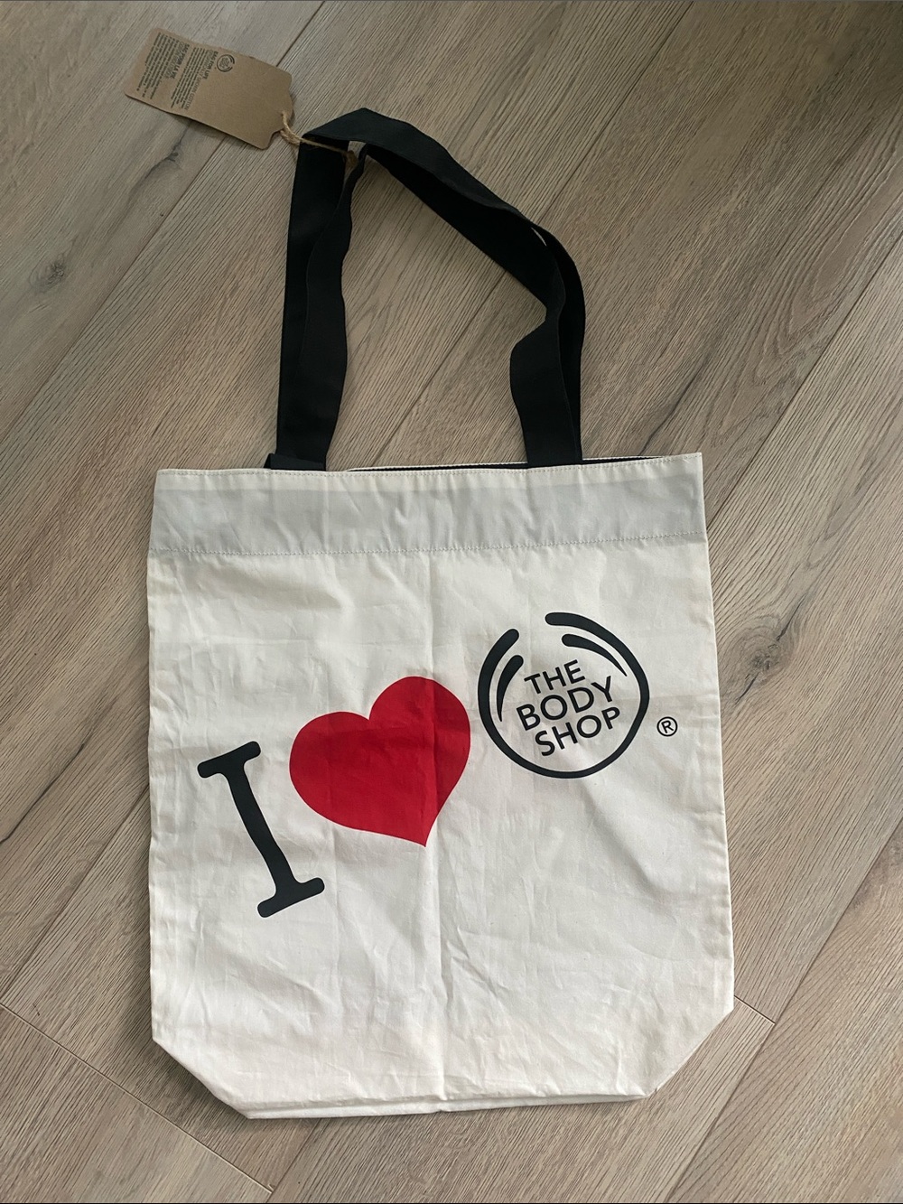 The Body Shop White Canvas Tote with Red Heart and Black Straps